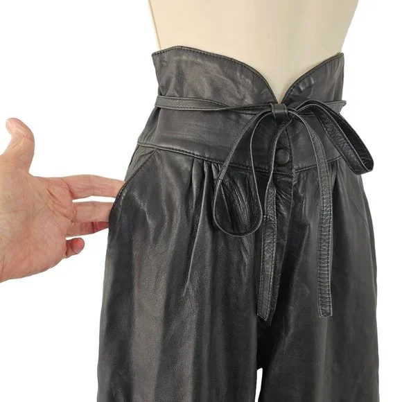 90s High Waist Leather Pants Laced Belt Slash Pockets Curved Hem Womens 26 Black - Picture 5 of 11